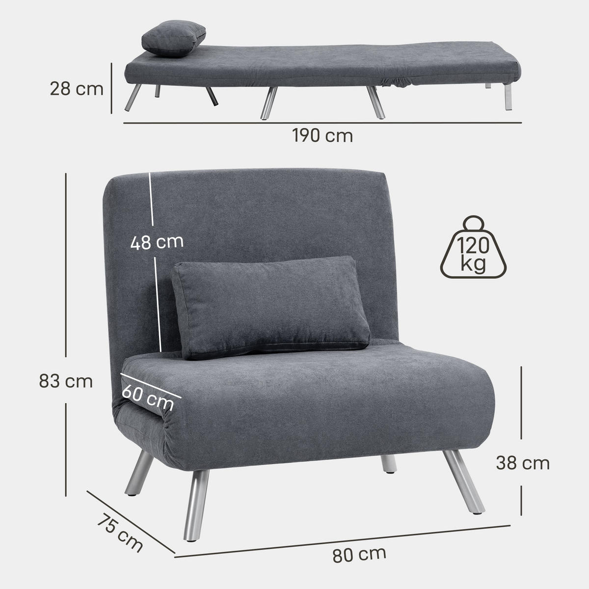 SCHLAFSESSEL 3-in-1 klappbar Schlafsofa mit Bettfunktion Relaxsessel Dunkelgrau - Dunkelgrau/Silberfarben, Textil/Metall (75/83/80cm) - HOMCOM