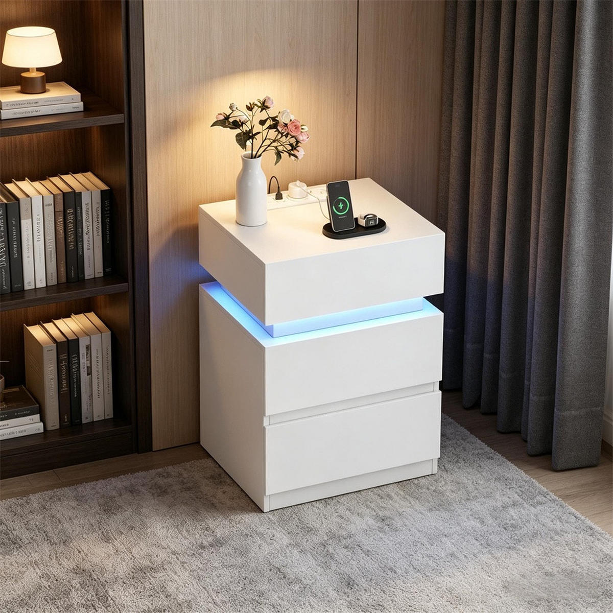 NACHTTISCH Weiß mit Steckdosen und USB-Anschlüssen - Nachtschrank mit LED-Beleuchtung mit 2 Schubladen - Weiß, Holzwerkstoff (40/55/35cm) - DELFA