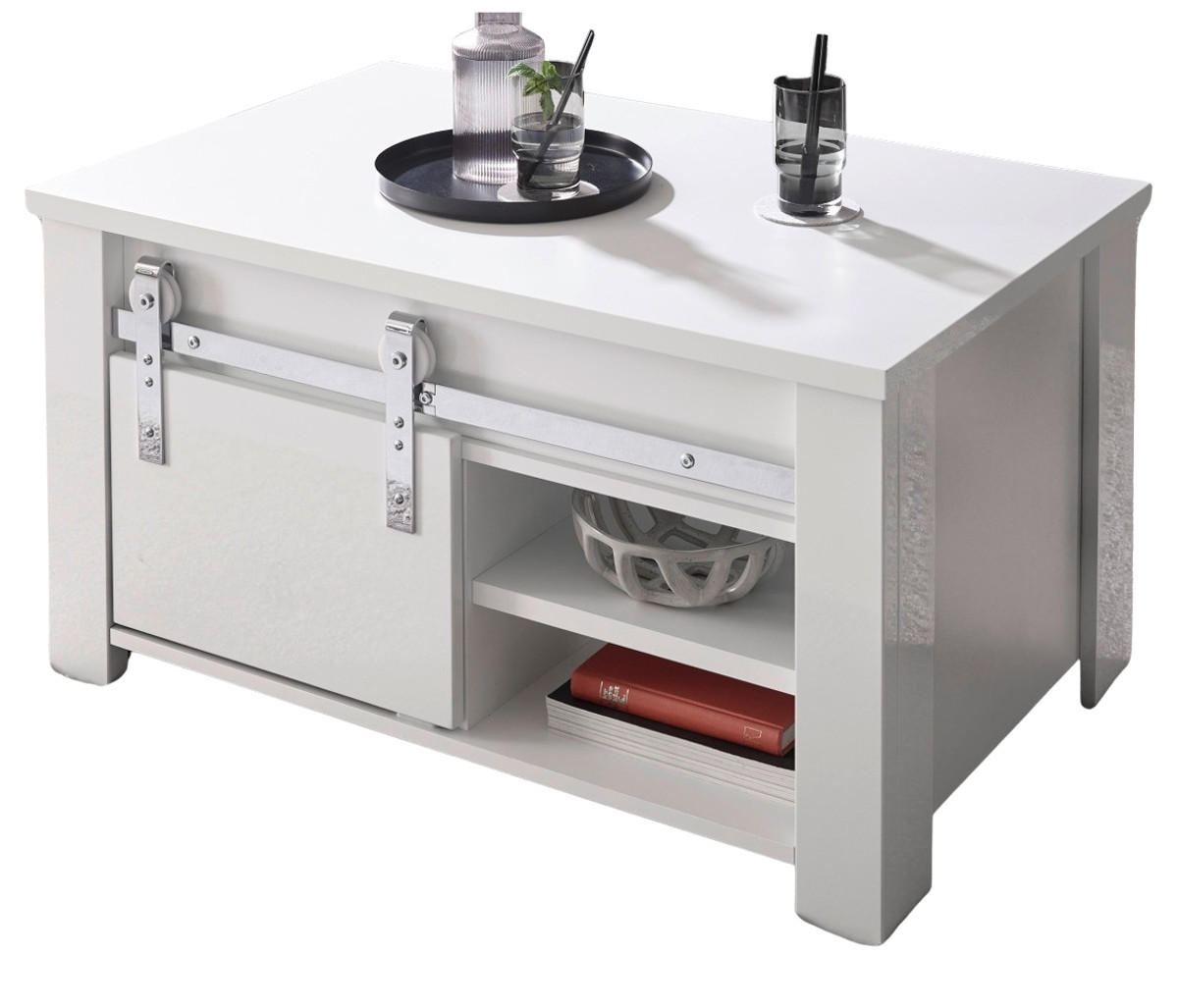 COUCHTISCH weiß Hochglanz 93 x 60 cm, Beistelltisch mit Stauraum - Chromfarben/Weiß Hochglanz, Holzwerkstoff/Kunststoff (93/60/51cm) - Furn.Design