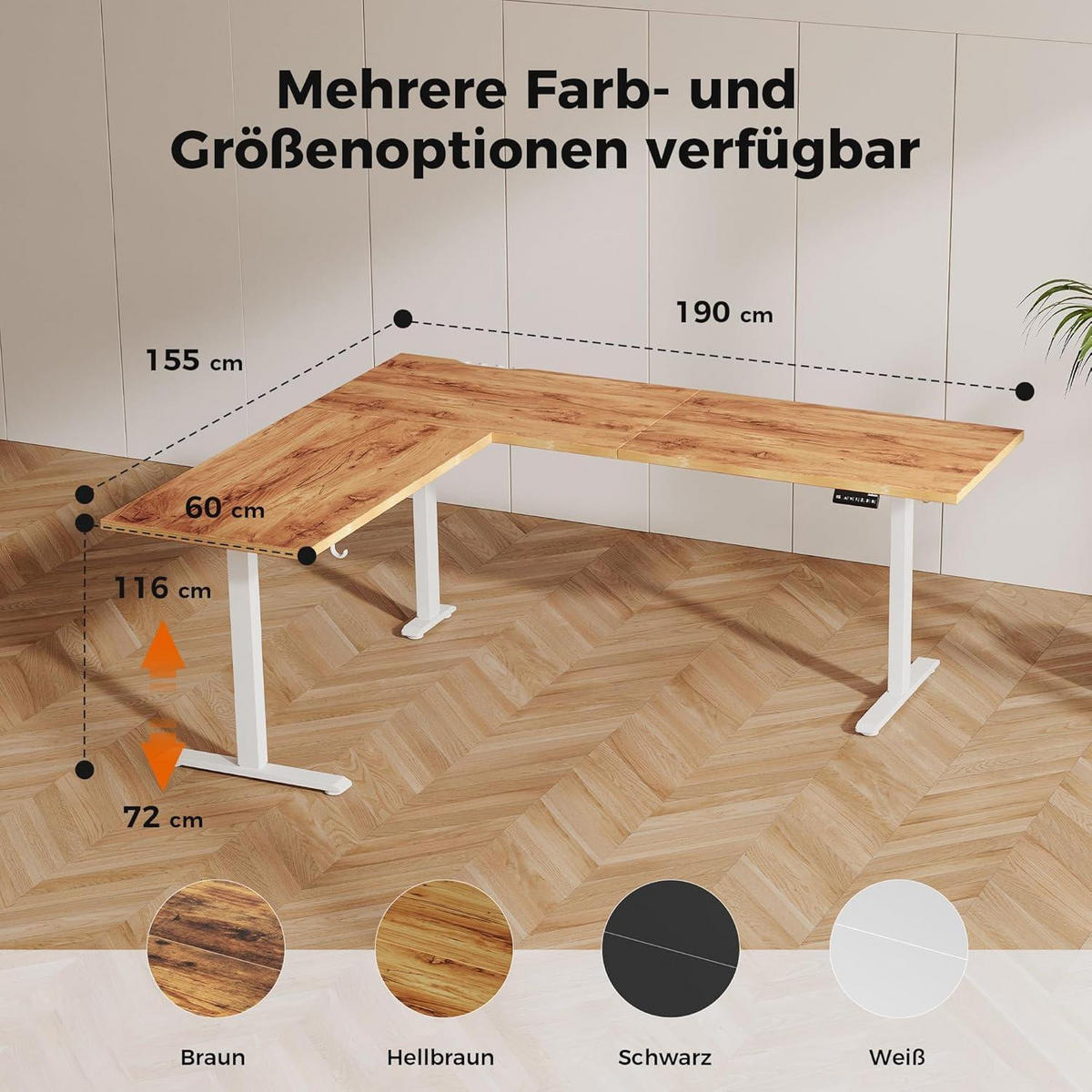 SCHREIBTISCH L-förmig Höhenverstellbar Elektrisch 190 x 155 cm Hellbraun - Braun, Holzwerkstoff (190/60/75cm)