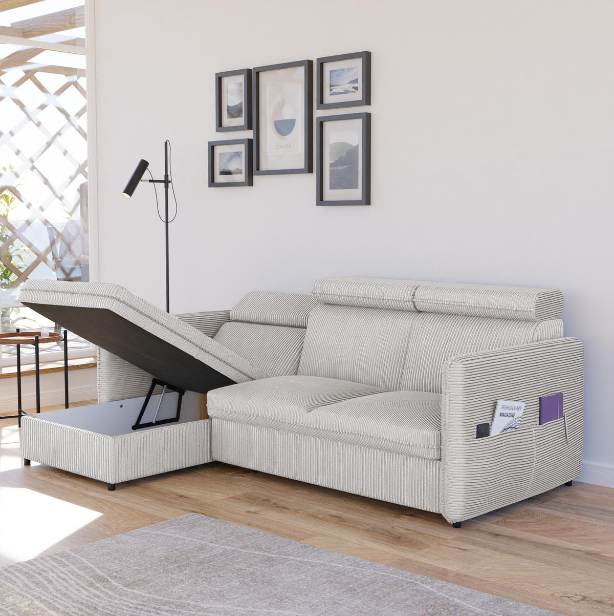 ECKSOFA mit Schlaffunktion und Bettkasten, Beige - Beige, Holzwerkstoff/Textil (220/140cm) - Idohome