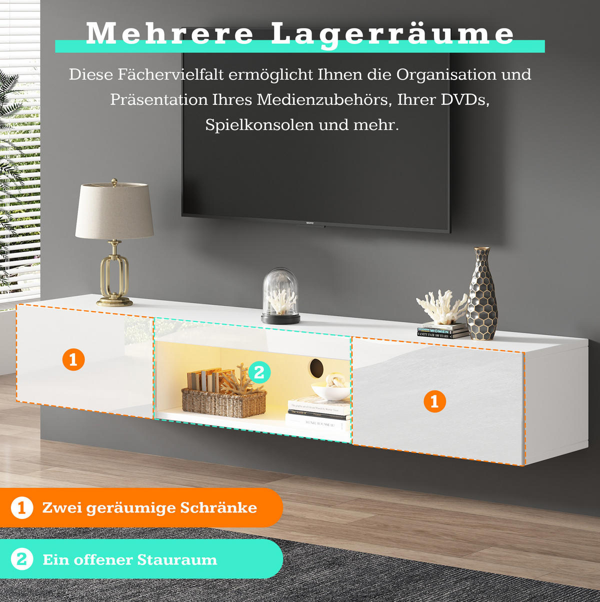 TV-LOWBOARD aus Spanplatte 160x31x22 cm Weiß Hochglanz mit LED-Beleuchtung und Bluetooth-App-Steuerung - Weiß, Holzwerkstoff (160/22/31cm) - IVMEU