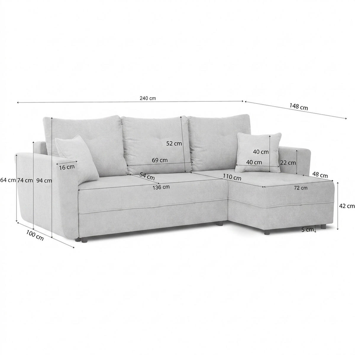 ECKSCHLAFSOFA Verona mit Bettkasten und universeller Ottomane 240 cm, Grau - Grau, Textil (240/148cm) - Beautysofa