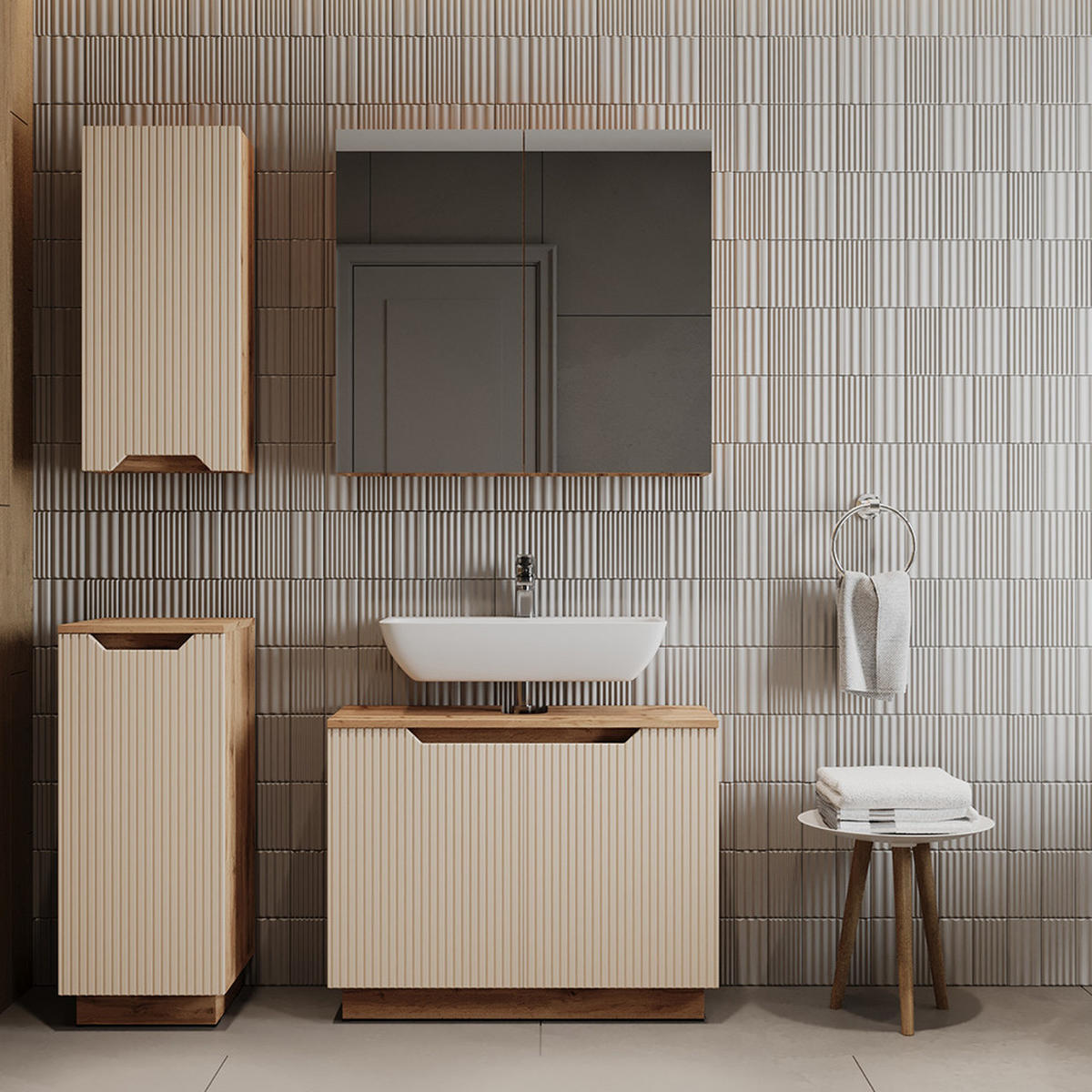 BADMÖBEL-SET Lotta Eiche/Kaschmir gestreift 4 Teile - Kaschmir, Holzwerkstoff (79.6/62.1/32cm) - Vicco