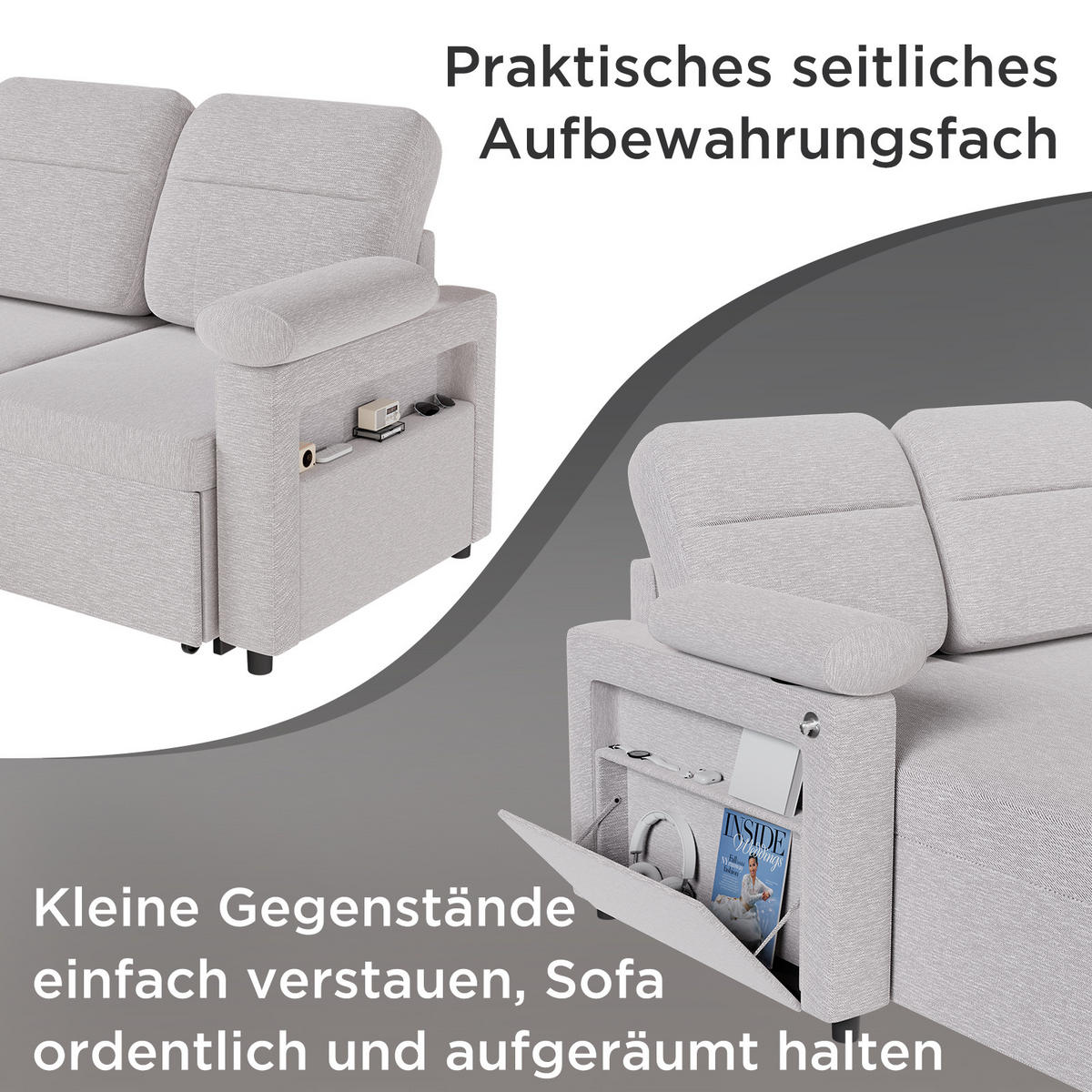 ECKSOFA mit Schlaffunktion, Stauraum und Getränke-Handyhalter, beidseitig montierbar, Leinenstoff - Hellgrau, Metall (143/90/203cm)