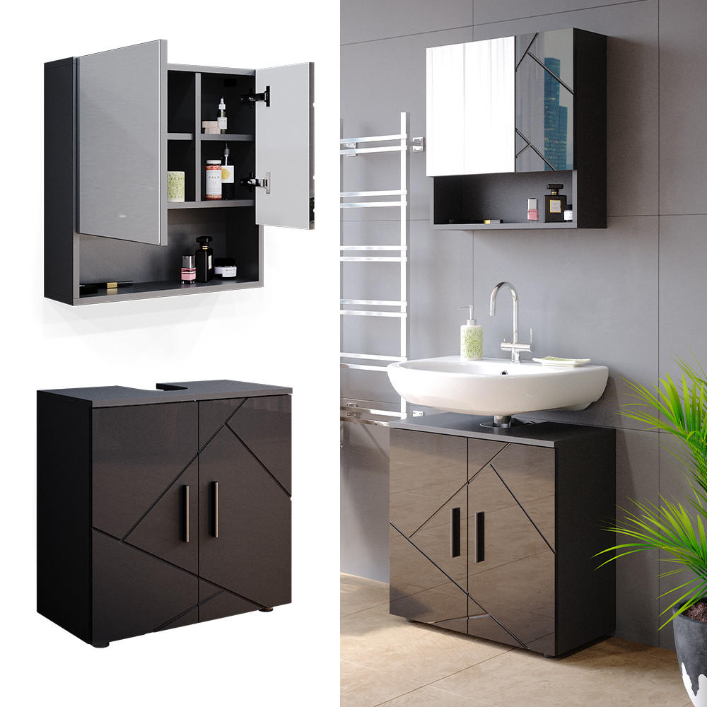 BADMÖBEL-SET Irma Anthrazit Hochglanz 2 Teile, Unterschrank 60 cm - Anthrazit, Holzwerkstoff (80/58.6/41cm) - Vicco
