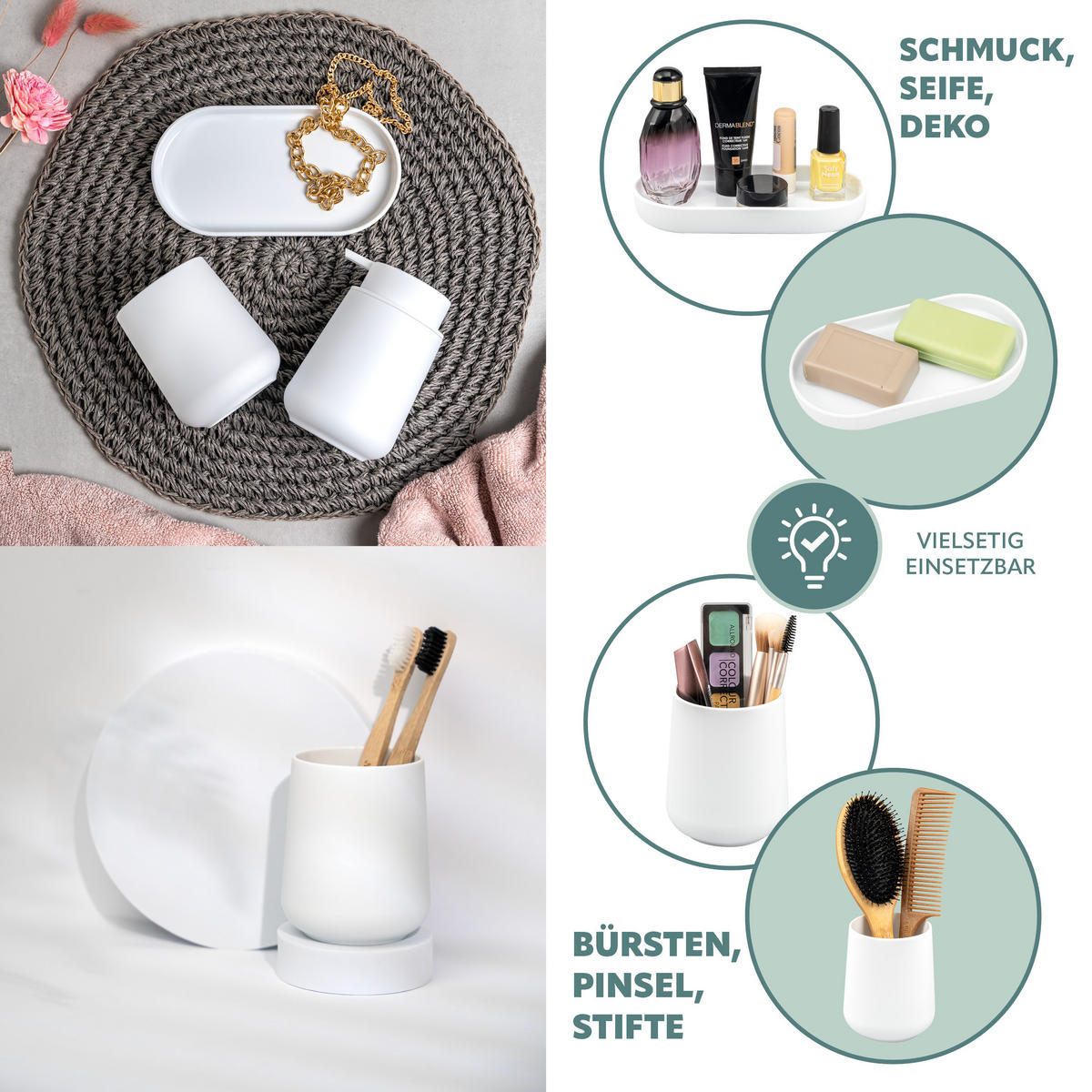 BAD-ACCESSOIRES-SET TESERO, Soft-Touch, weiß - Weiß, Kunststoff (18.5/13.5/10cm) - eluno