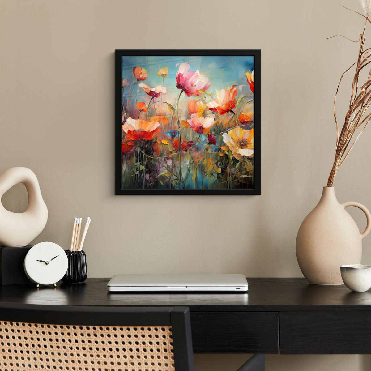 POSTER MIT RAHMENGERAHMTES BILD Blumen - Aquarell - Kunst - Botanisch - Natur 40x40 cm - Orange, Papier (40/40cm) - MuchoWow
