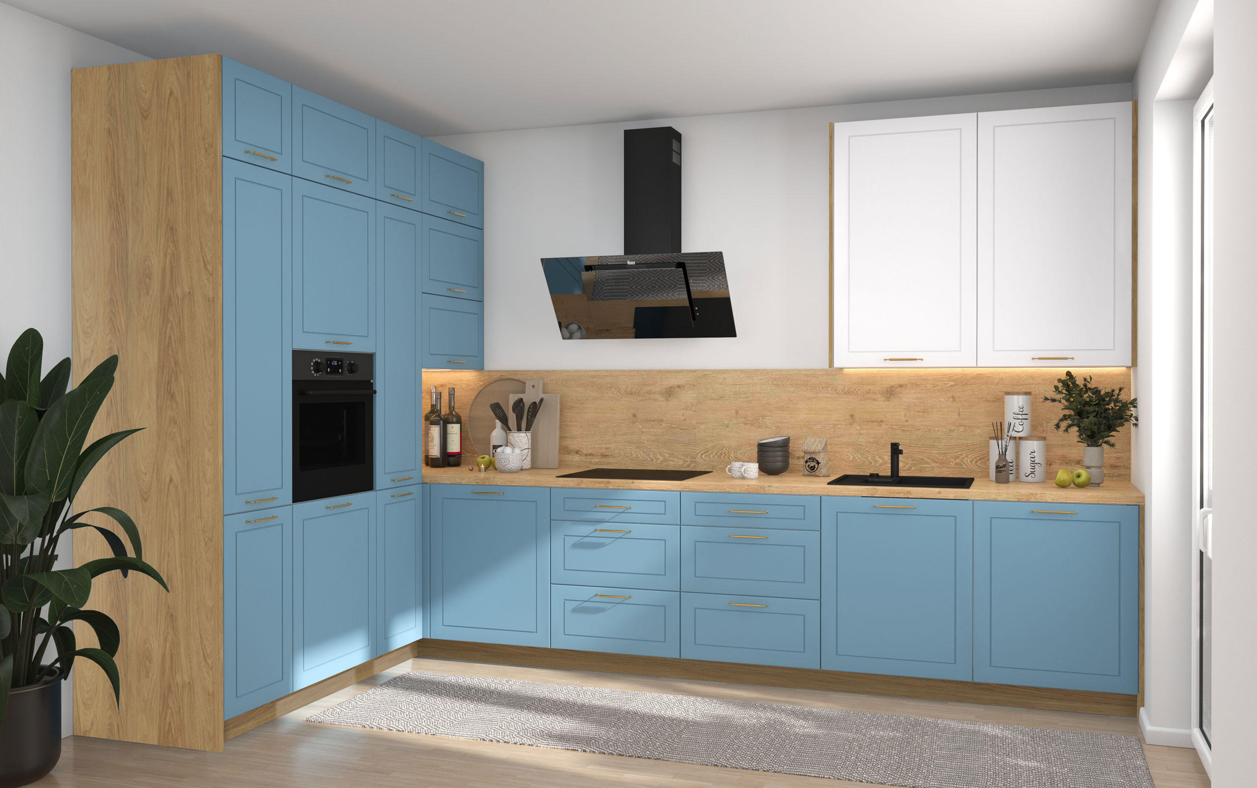 L-FORM KÜCHENZEILE Bari (16-tlg) Eiche Artisan / Pastellblau - Signalweiß - Blau, Holzwerkstoff/Metall (347/243/202cm) - Feldmann-Wohnen