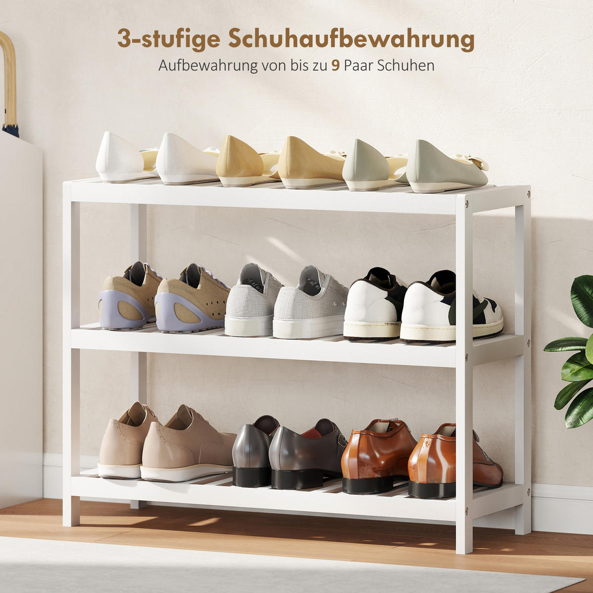 SCHUHREGAL mit 3 Ebenen, Schuhablage aus Bambus, Schuhständer für 9 Paar Schuhe - Weiß, Holz/Bambusholz (26/55/70cm) - HOMCOM