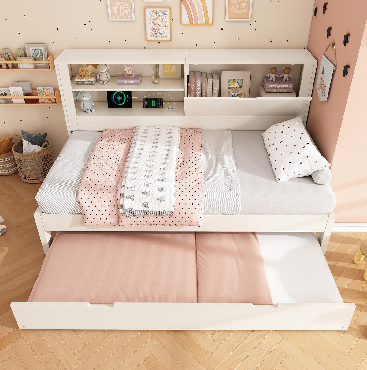 POLSTERBETT 90x200 cm in Weiß mit Ausziehbett & USB-Ladestation - Weiß, Holzwerkstoff (90/200cm) - Modfu