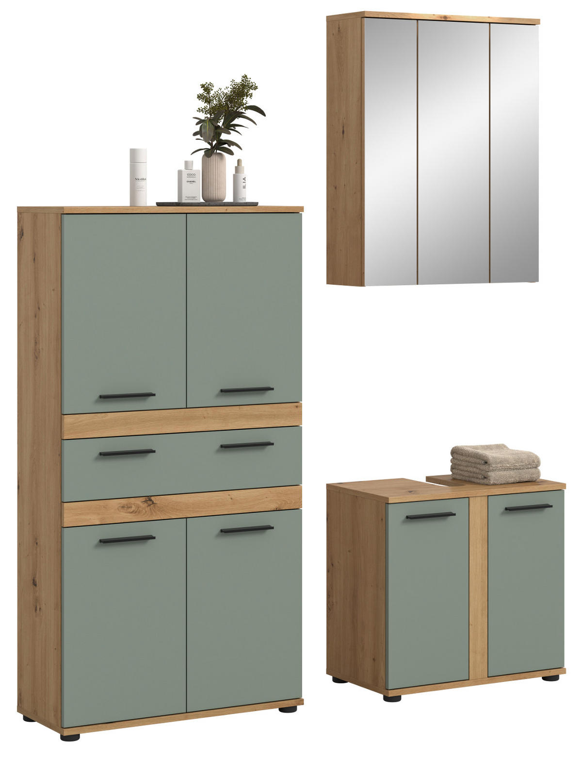 BADMÖBEL-SET 3-teilig Salbei grün, Artisan Eiche 145 cm, moderne Badkombination - Salbeigrün/Schwarz, Glas/Holzwerkstoff (145/191/34cm) - Inn.Furn