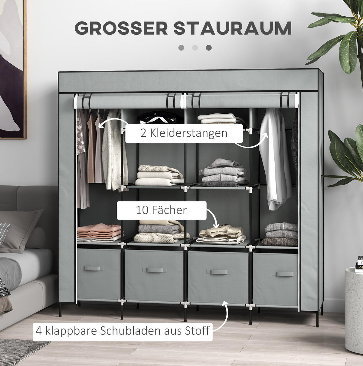 STANDKLEIDERSCHRANK 166/42,5/169,5 cm in Dunkelgrau mit Stoffbezug und 4 Schubladen - Dunkelgrau, Metall (166/169.5/42.5cm) - BEAOK