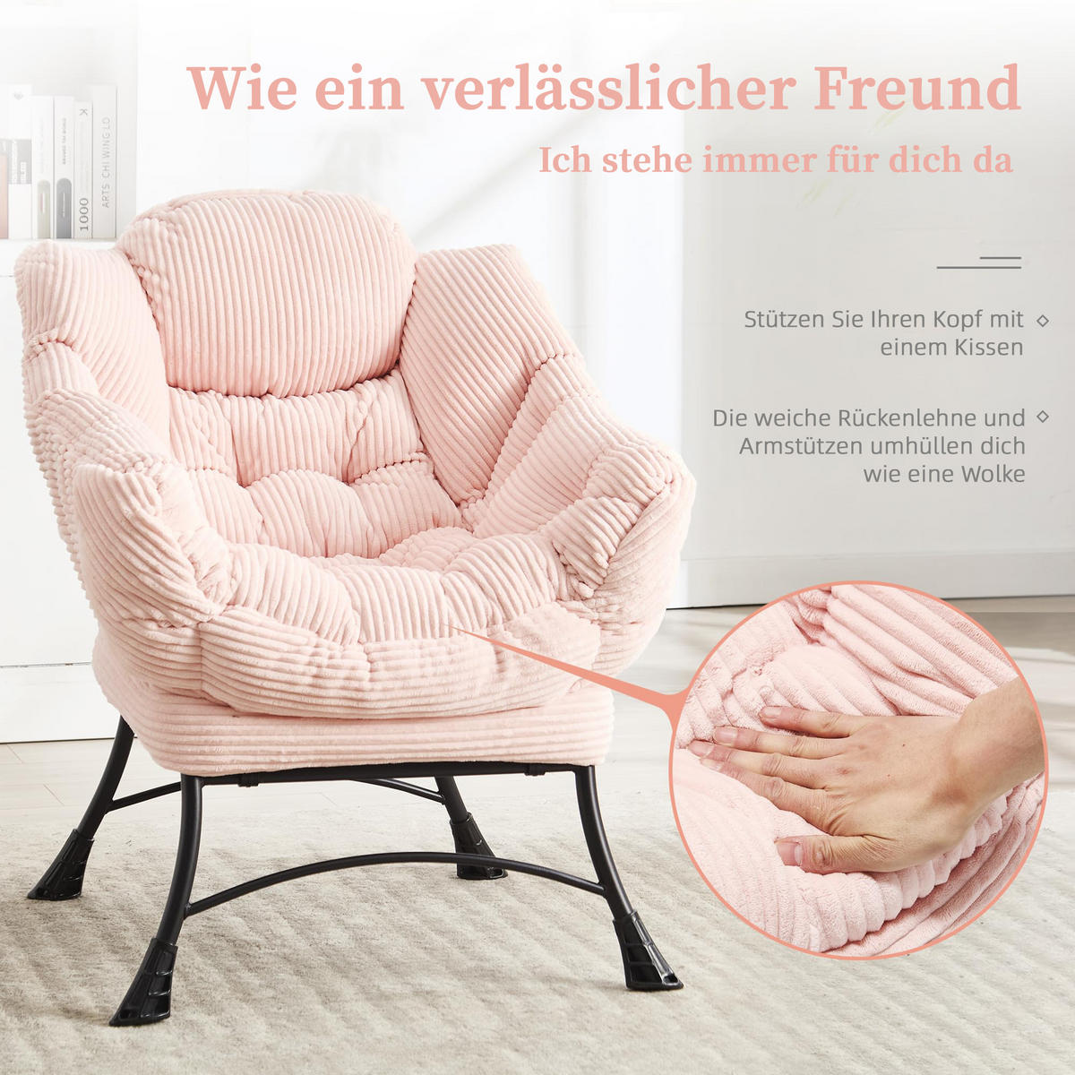 LOUNGESESSEL Relaxsessel mit Hocker,dicke Polsterung, Rosa - Rosa, Metall (70/95/64cm) - LVHOM