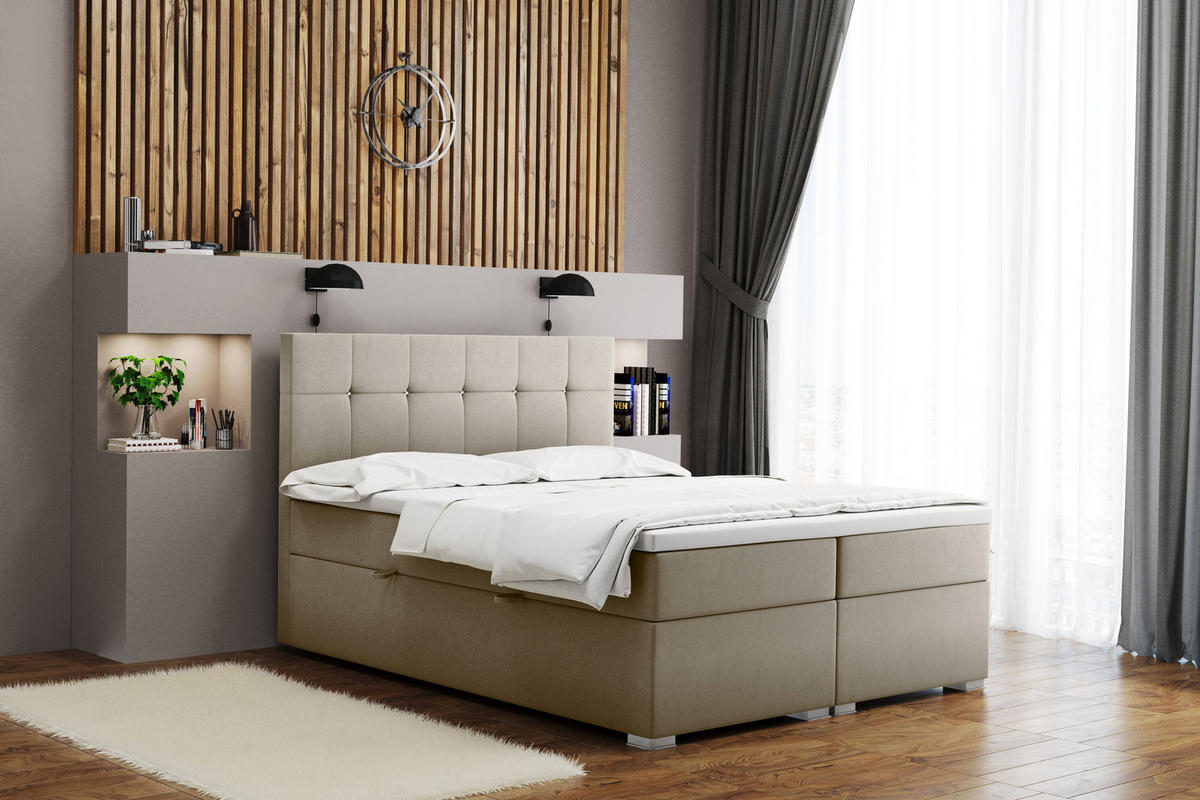 BOXBETT Mit Matratze Und Bettkasten LINDT Stoff Velvet 160x200 cm Beige H2-Pocket - Beige, Holz/Holzwerkstoff (160/200cm) - Kaiser Möbel