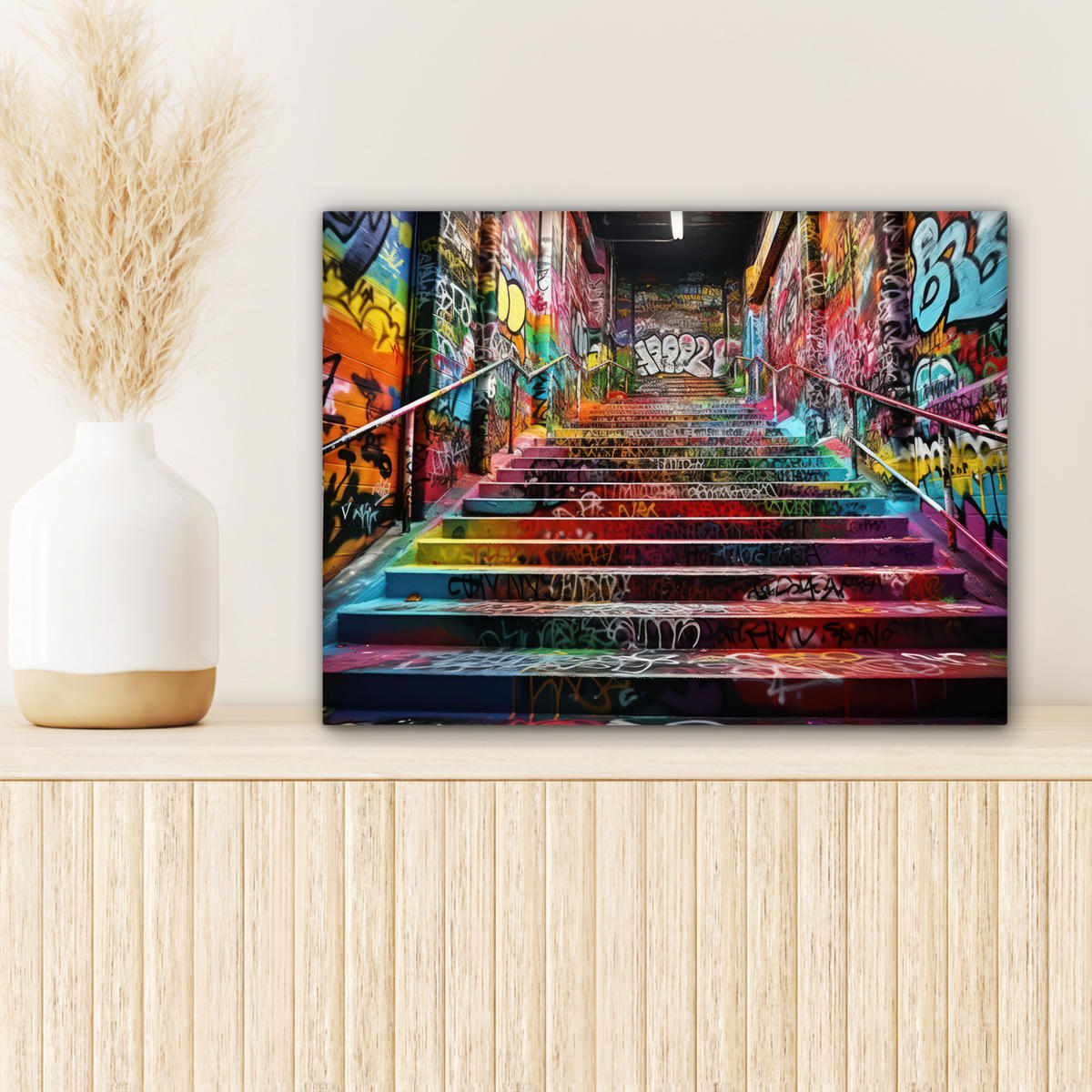 LEINWANDBILD Treppe - Graffiti - Farben - Kunst 40x30 cm - Multicolor, Textil (40/30cm) - MuchoWow
