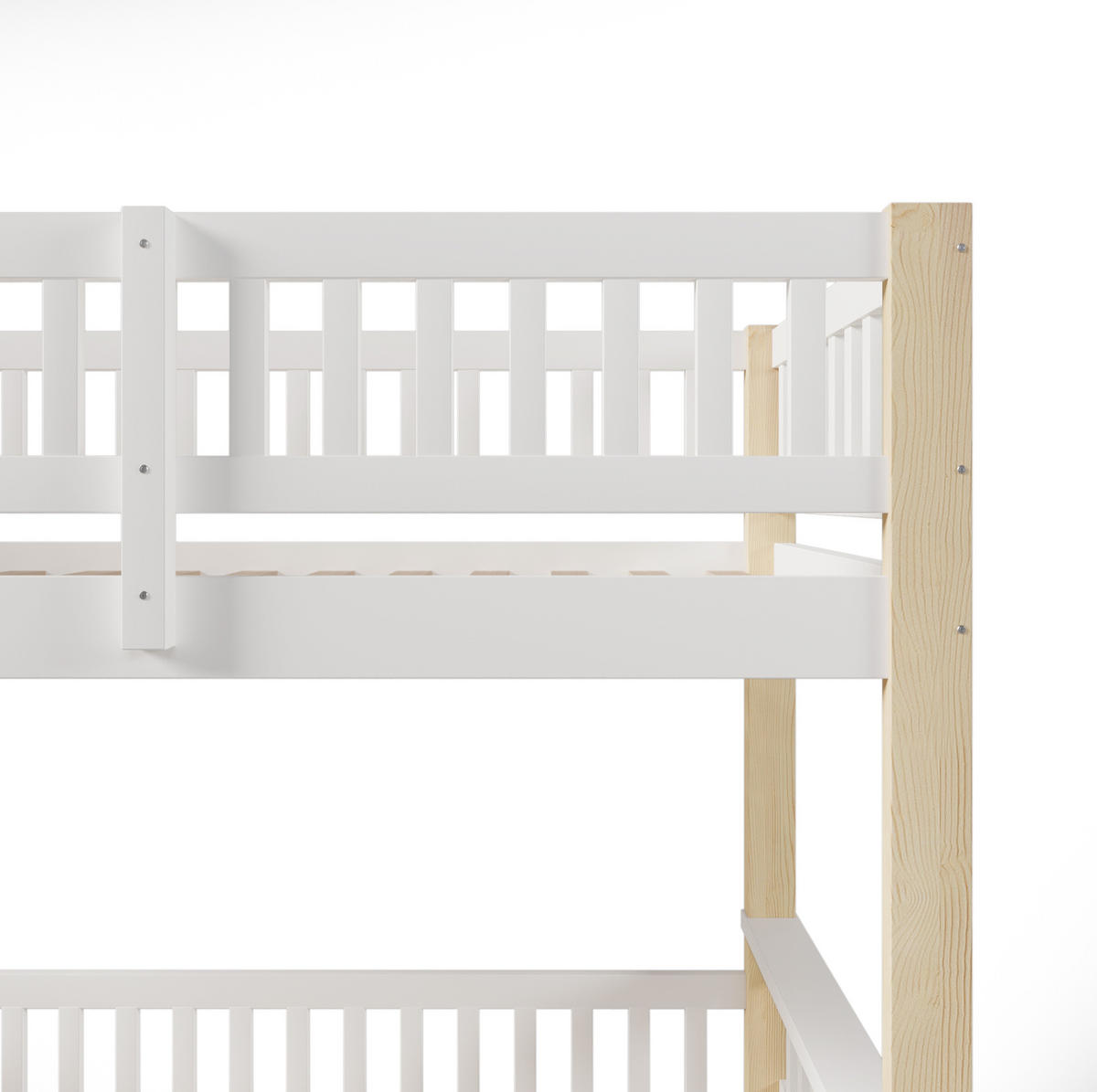 ETAGENBETT 90/200 cm + 140/200 cm in Weiß/Natur aus Kiefer mit Leiter und Bettgitter - Weiß, Holz (90/200cm) - OKMYHOME