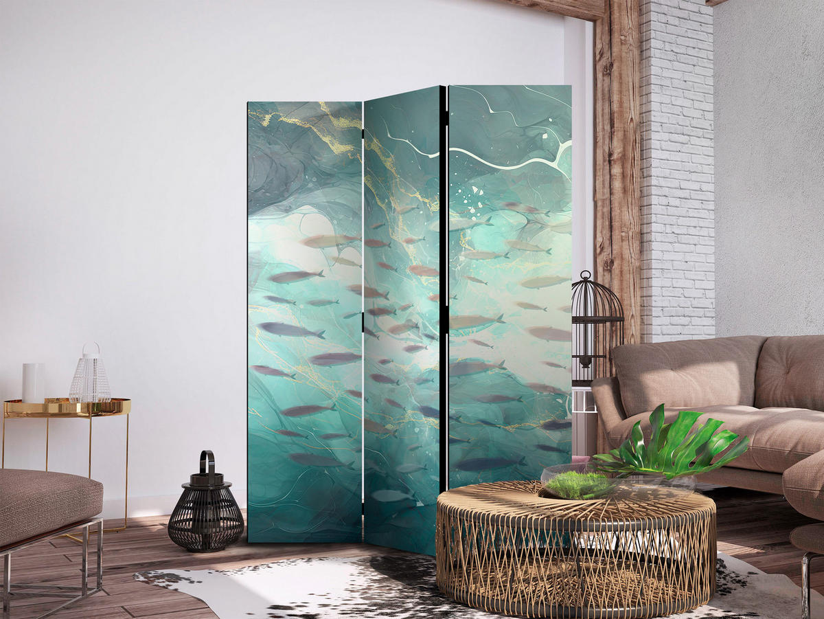 PARAVENT Beidseitig Bedruckter 3-tlg 135x172 cm Fische Im Meer Boho - Multicolor, Holz/Textil (135/172/3cm) - Muralo