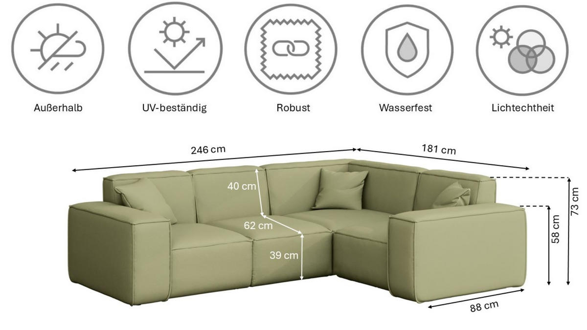 GARTENECKSOFA L-form MALIBU Stoff Odyssey Hellgrün Rechts - Hellgrün, Holz (246/73/181cm) - Kaiser Möbel