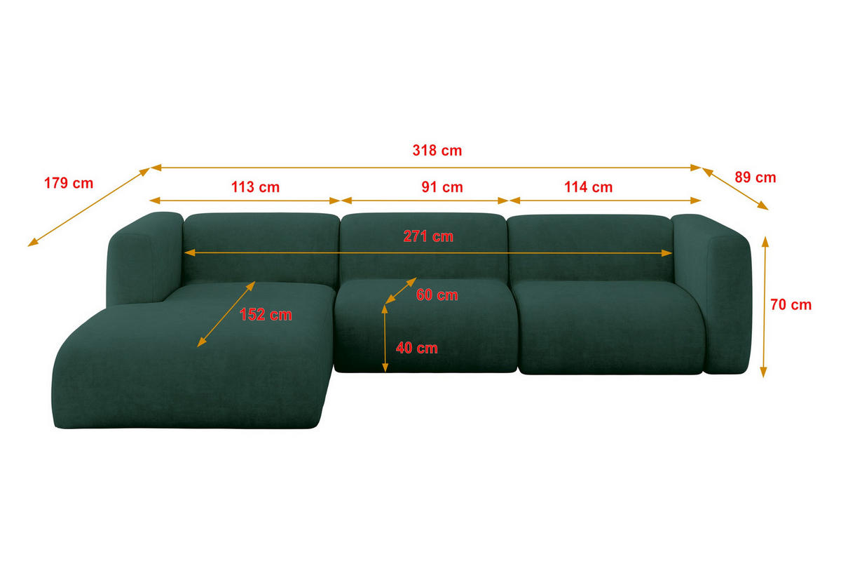 ECKSOFA Ottomane Links MIRA-L2 318x179x89 Grün Velours - Dunkelgrün/Schwarz, Holzwerkstoff/Kunststoff (318/179cm) - ALTDECOR