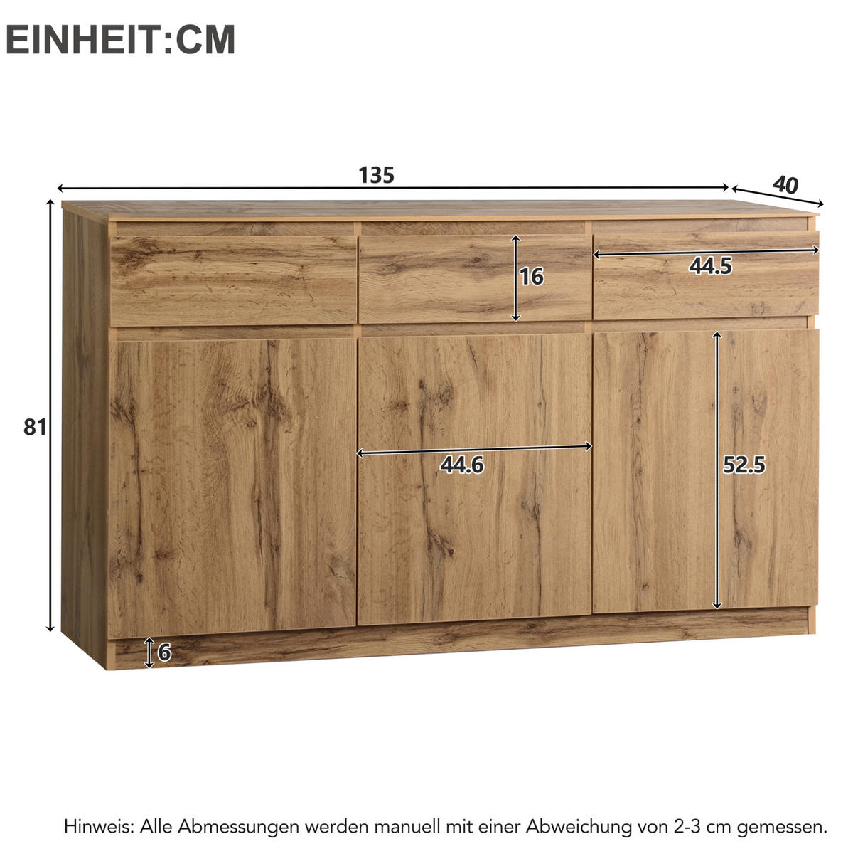 SIDEBOARD aus Spanplatte 135x40x81 cm Holzfarben mit 3 Schubladen und 3 Türen - Naturfarben, Holzwerkstoff (135/81/40cm) - IVMEU