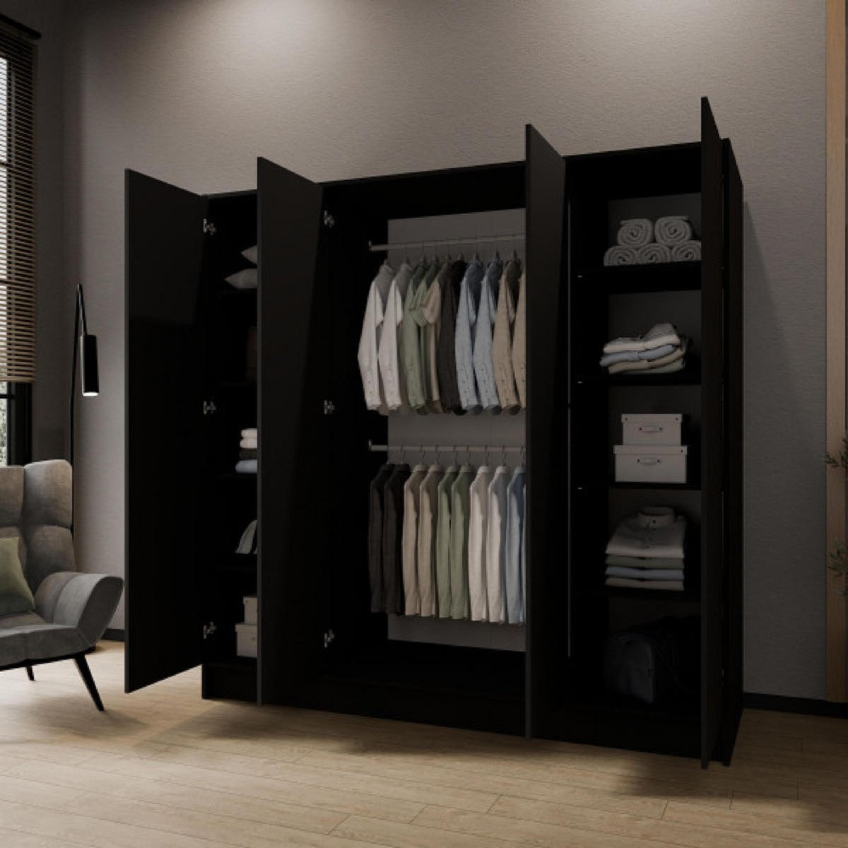 SCHRANK Schwarz 200 ALA Ohne Spiegel Ohne Griffe Mit Spiegel - Schwarz, Holzwerkstoff (200/200/51cm) - Sepro Meble