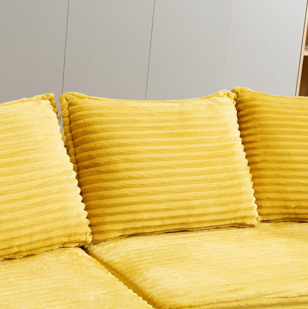 ECKSOFA aus Cord 250x152x82 cm Senfgelb mit Getränkehaltern, Seitentaschen und Kissen im modernen Bogendesign - Gelb, Textil (250/152cm) - Modfu