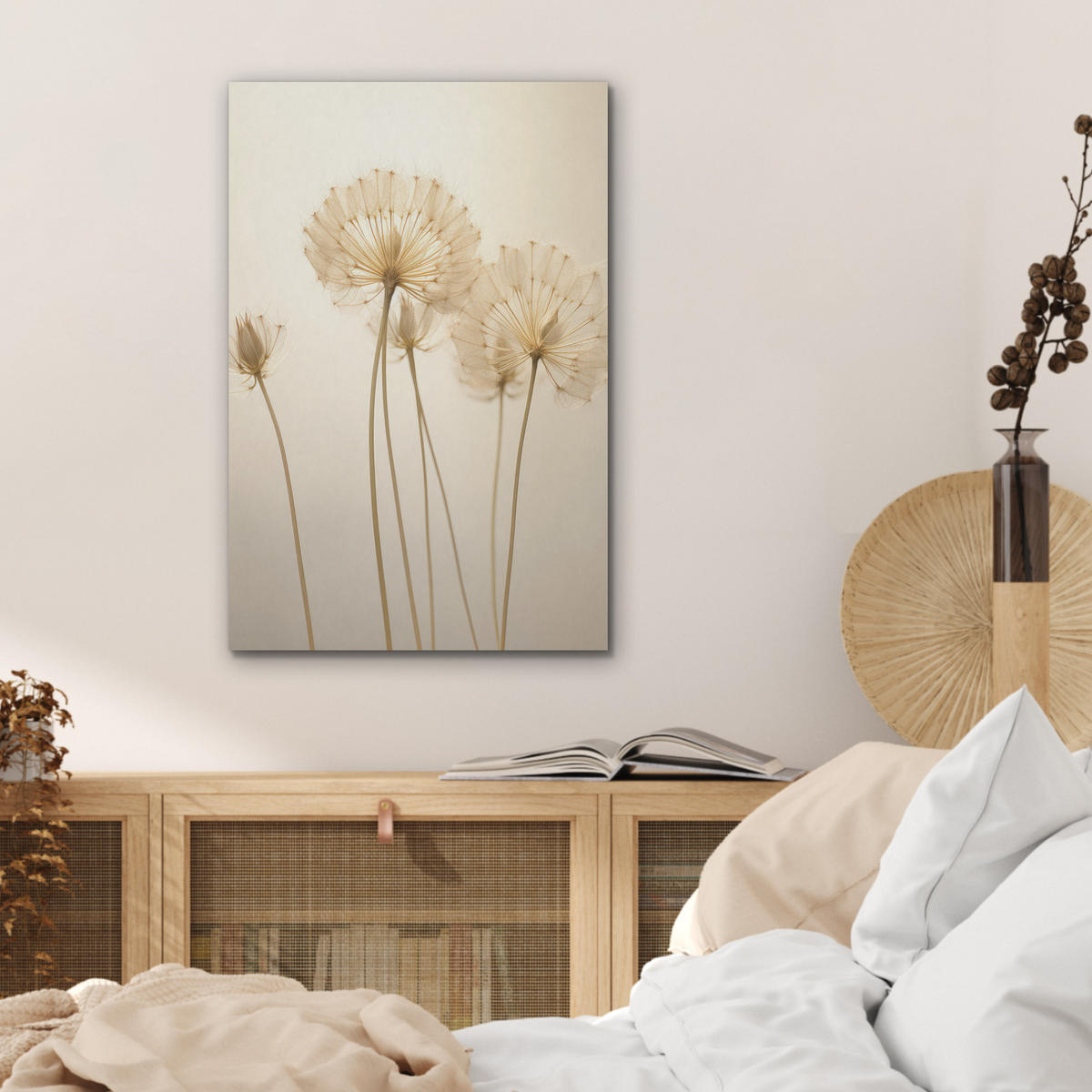 AKUSTIKBILD Sonnenlicht - Löwenzahn - Botanisch - Blumen Kunstdruck Schlafzimmer 50x70 cm - Creme, Kunststoff (50/70/0.9cm) - MuchoWow