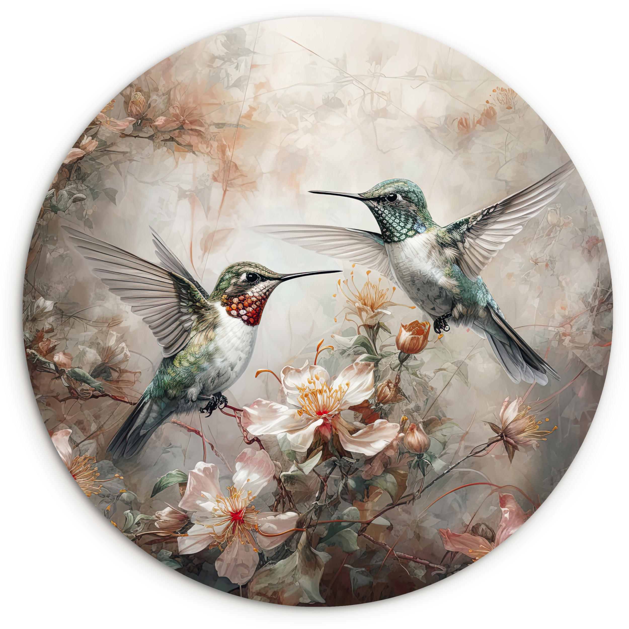 WANDBILD Kolibri - Vögel - Blumen - Pflanzen 150x150 cm - Hellgrün, Kunststoff (150/150cm) - MuchoWow