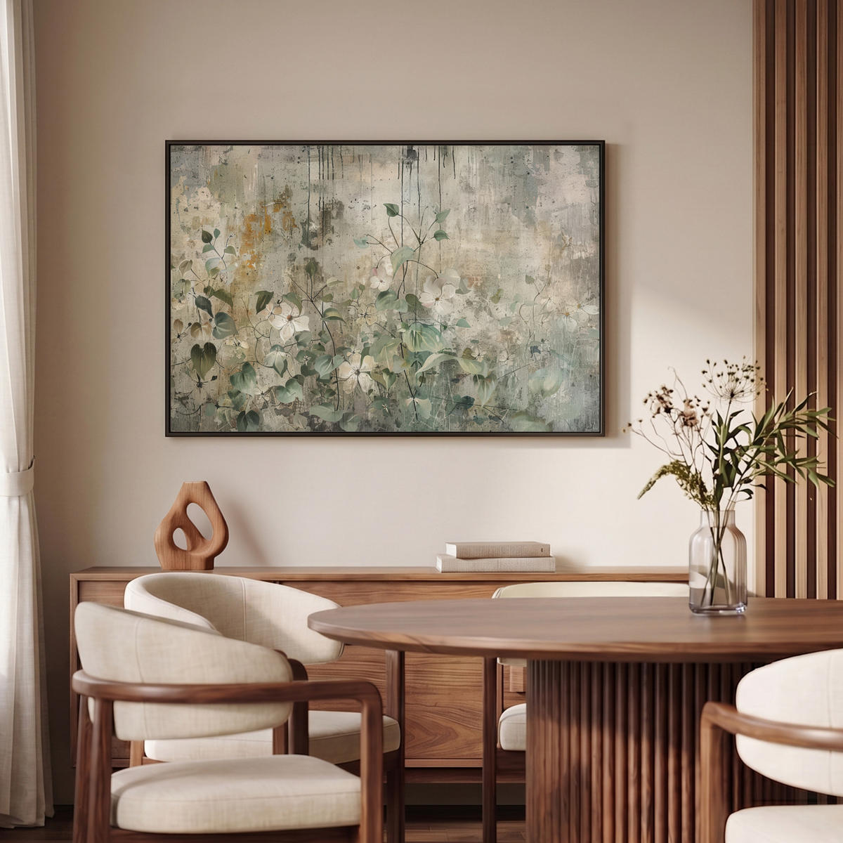 LEINWAND Bilder mit Rahmen - Blumen - Blätter - Abstrakt - Modern - 90x60 - Grau, Textil (90/60cm) - MuchoWow
