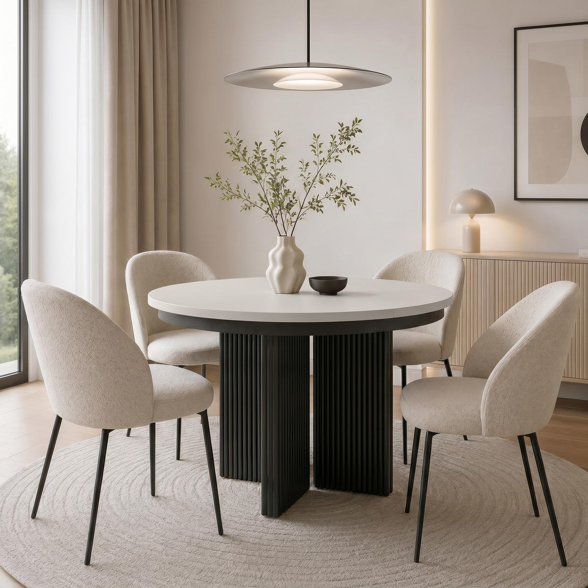 JÍDELNÍ STŮL Prestige, kulatý designový stůl, rozkládací Ø 100–180 cm, kašmír + černá - černá/kašmírová, kov (100/100/77cm) - Beautysofa