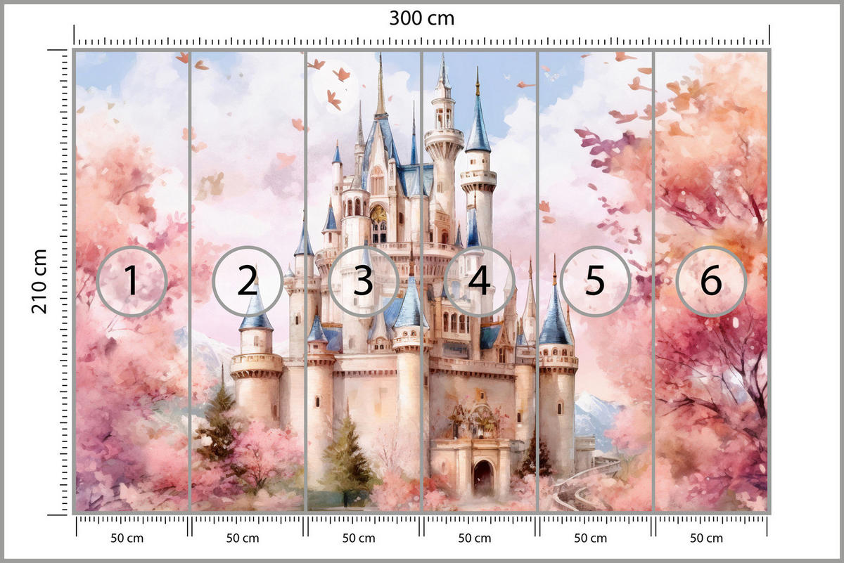 FOTOTAPETE für Kinderzimmer Märchenschloss Aquarell 300x210 - Blau/Violett, Papier (300/210cm) - Muralo