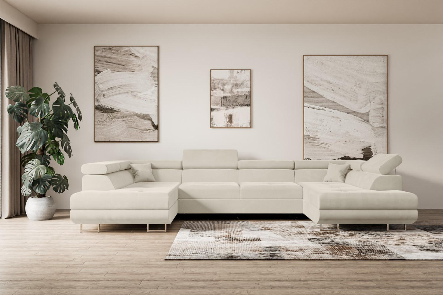 WOHNLANDSCHAFT mit Schlaffunktion und Bettkasten GUSA-U 342x202x107 cm Beige Velours - Beige/Silberfarben, Holzwerkstoff/Textil (342/107/202cm) - ALTDECOR