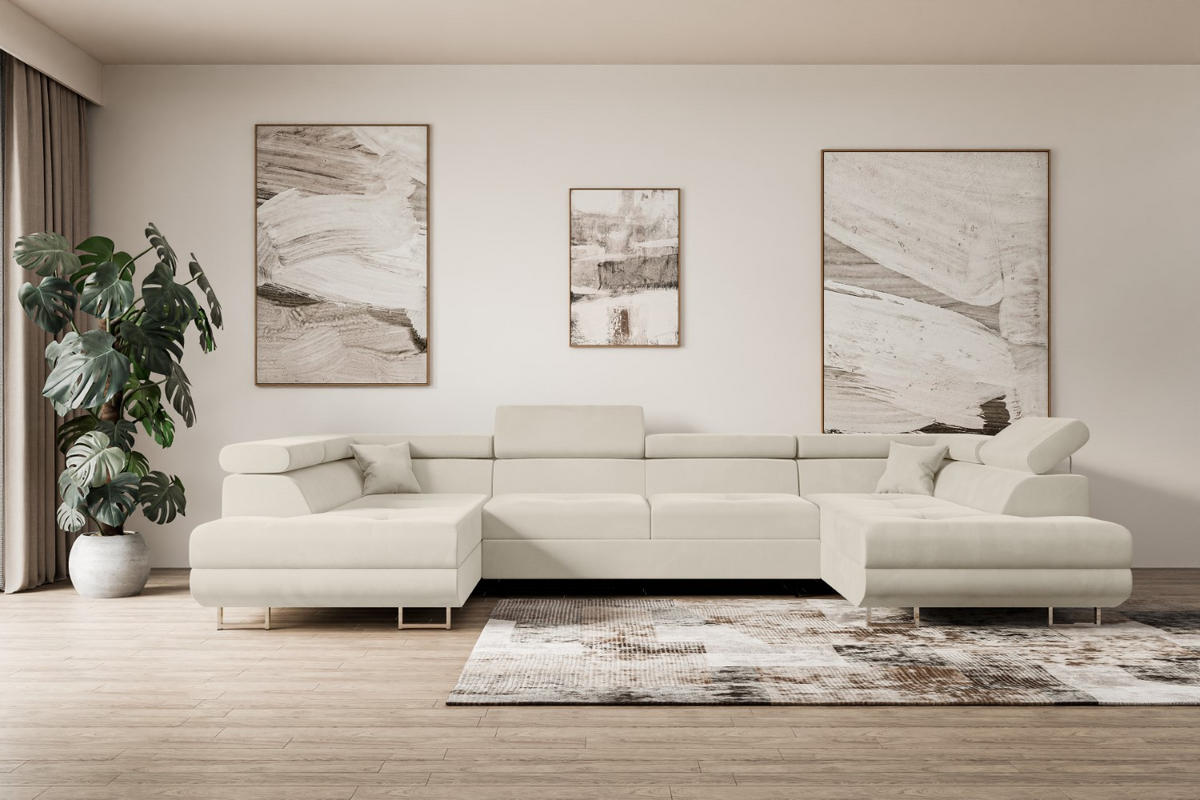 WOHNLANDSCHAFT mit Schlaffunktion und Bettkasten GUSA-U 342x202x107 cm Beige Velours - Beige/Silberfarben, Holzwerkstoff/Textil (342/107/202cm) - ALTDECOR