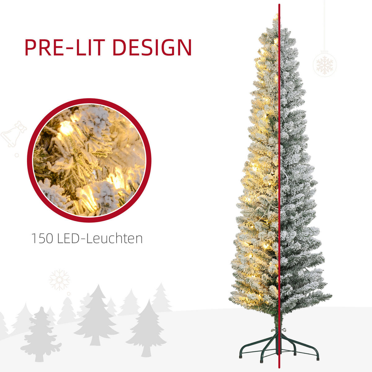 KÜNSTLICHER Weihnachtsbaum, 180 cm Christbaum mit 150 LED-Lichten flammhemmend - Weiß/Grün, Kunststoff/Metall (180cm) - HOMCOM