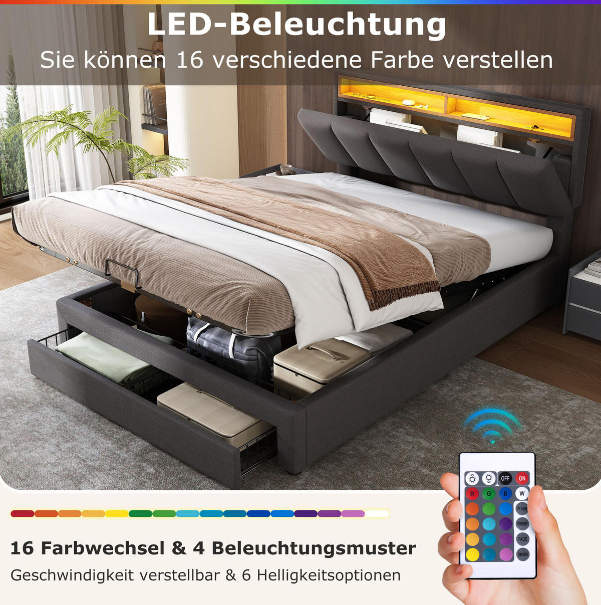 POLSTERBETT 140/200 cm grau aus Leinen mit LED-Beleuchtung - Grau, Textil (140/200cm) - OKMYHOME