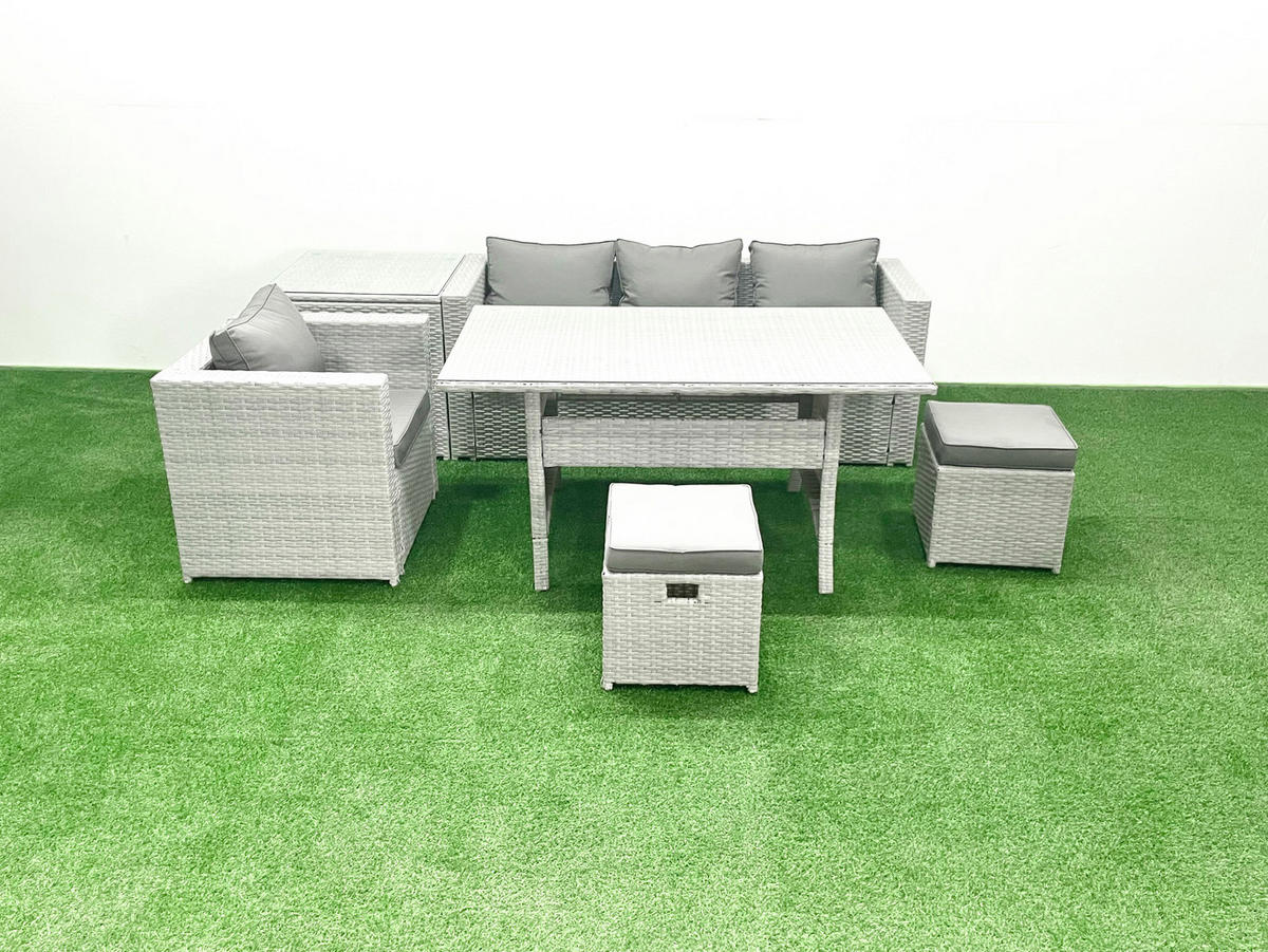 GARTENSET mit Esstisch,Sofa,Beistelltisch,Stuhl Polyrattan Hellgrau 6-Sitzer - Hellgrau/Grau, Glas/Kunststoff - Fimous