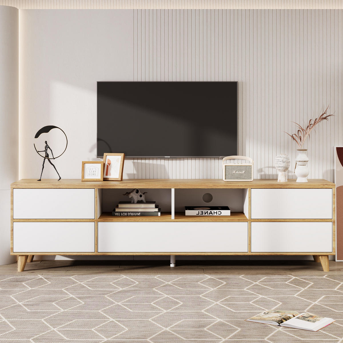 TV-LOWBOARD aus MDF 175x37x51 cm Weiß und Holzfarben mit 4 Türen, offenen Fächern und Holzfüßen - Naturfarben, Holzwerkstoff (175/51/37cm) - Modfu