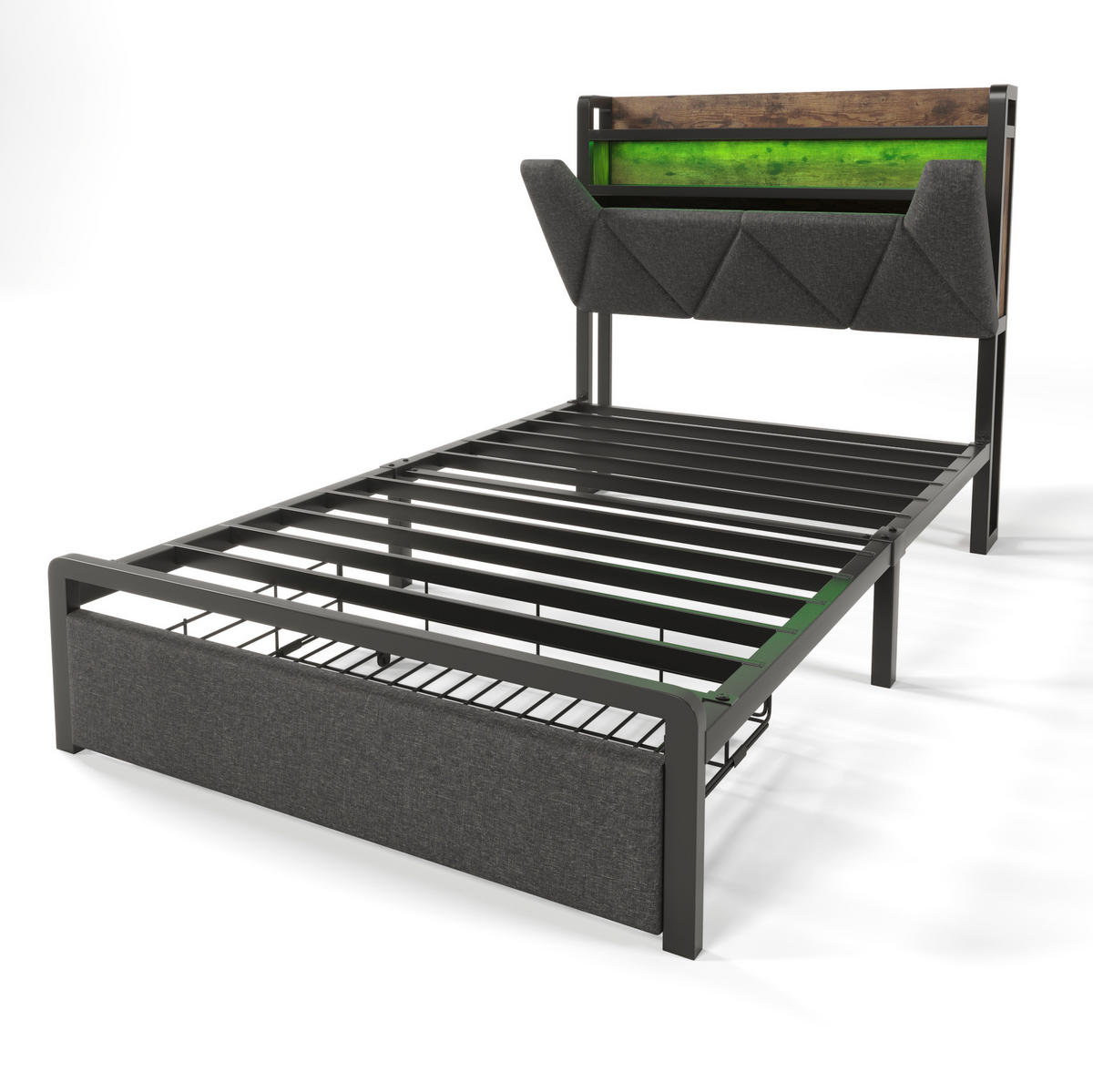 POLSTERBETT 90/200 cm mit LED-Beleuchtung, USB-C-Ladestation, Stauraum-Kopfteil und Schublade, Grau - Grau, Textil (90/200cm) - Redom