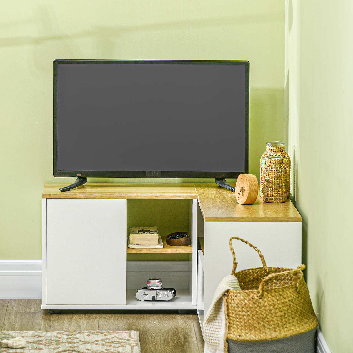 ECK-TV-LOWBOARD Hellbraun/Weiß 90/90/45 cm, Eckdesign, 2 Türen, 3 offene Fächer - Weiß, Holzwerkstoff (90/45/90cm) - PANGIVO