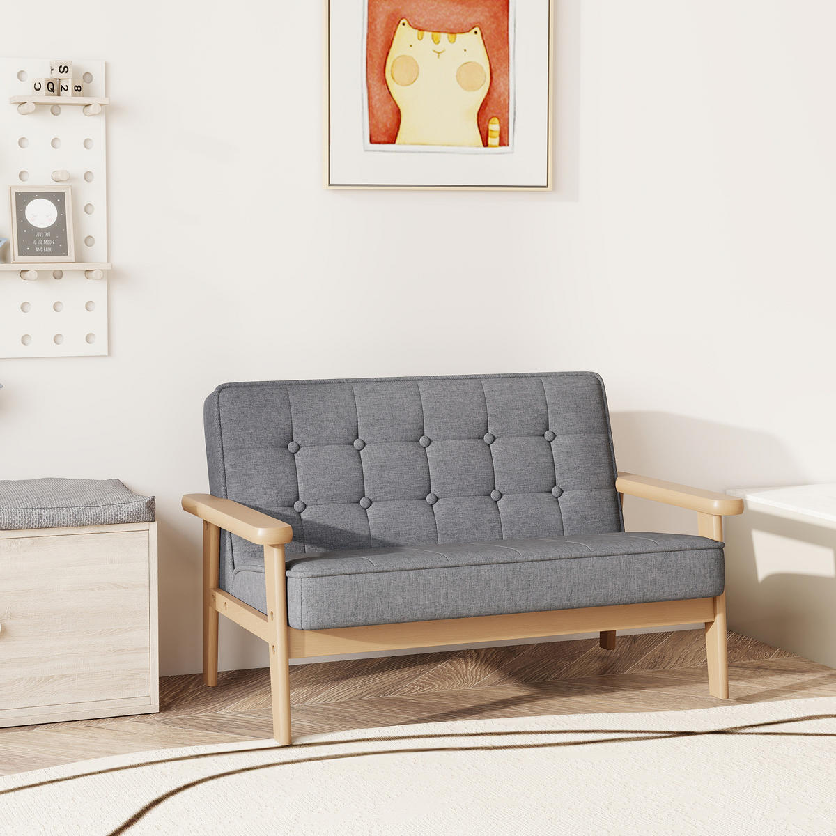 KINDERSESSEL, Kindersofa mit Holzrahmen, Samtoptik, gepolsterter Kinderstuhl - Naturfarben/Grau, Holz/Textil (42/48/77cm) - AIYAPLAY
