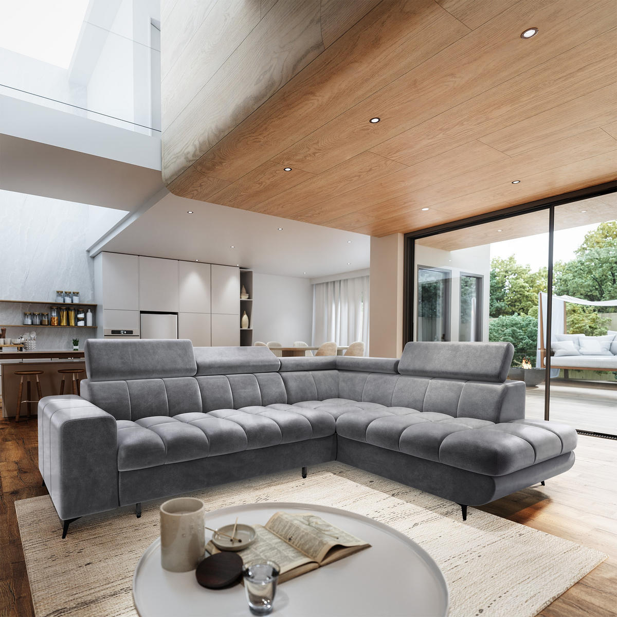 ECKSOFA MORIVA R-S Hellgrau Velours-Stoff mit Schlaffunktion - Hellgrau, Holz (253/190cm) - MASSENO