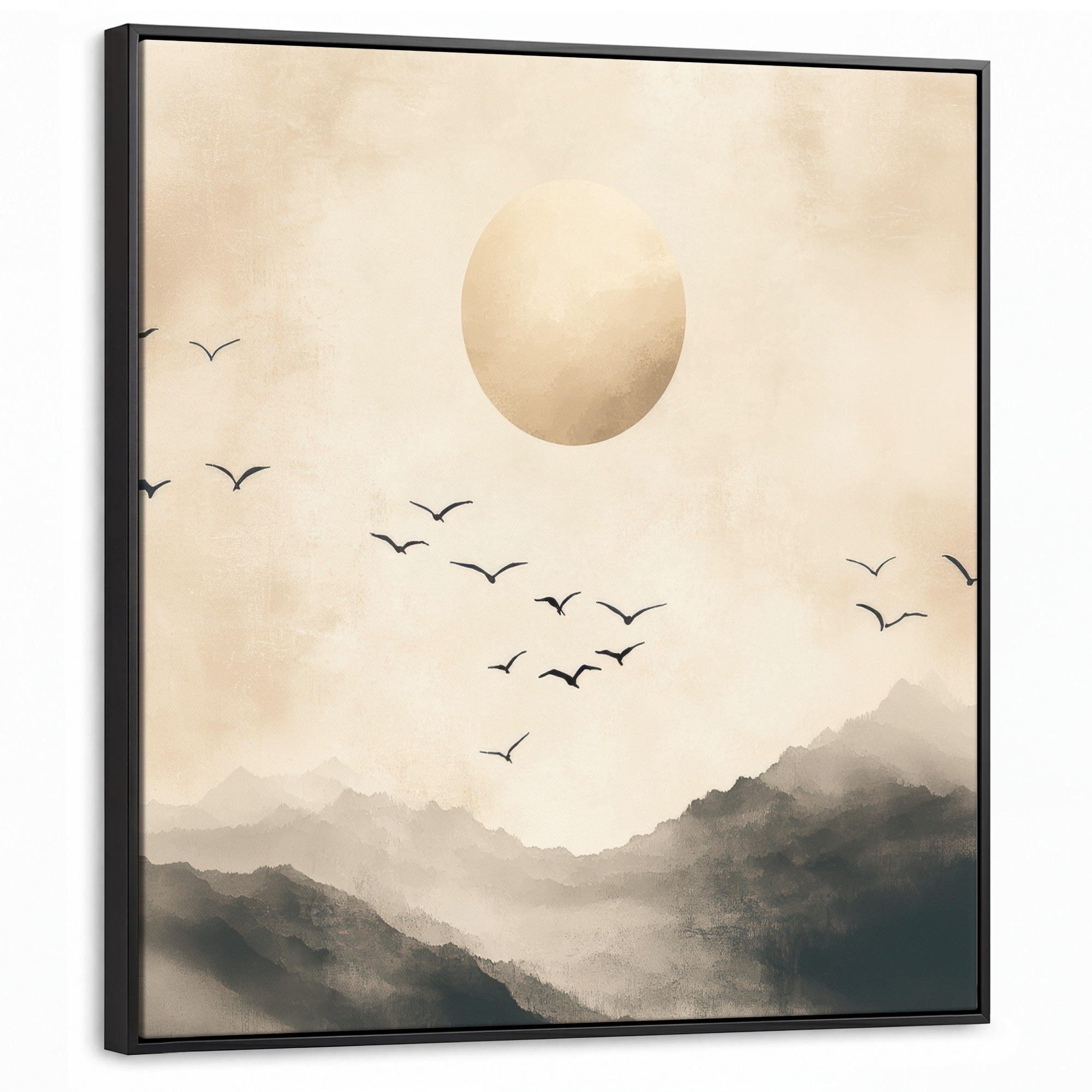 LEINWAND Bilder mit Rahmen - Landschaft - Japandi - Vogel - 90x90 - Beige, Textil (90/90cm) - MuchoWow