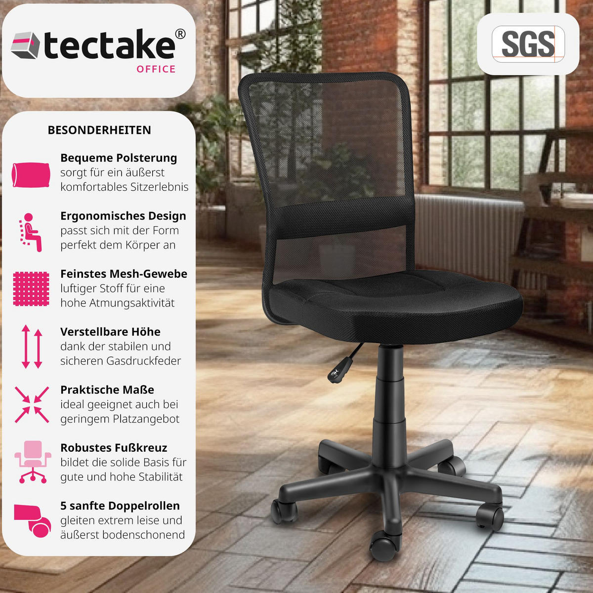 BÜROSTUHL Patrick, stufenlos höhenverstellbar, schwarz - Schwarz, Textil (50/95/43cm) - tectake