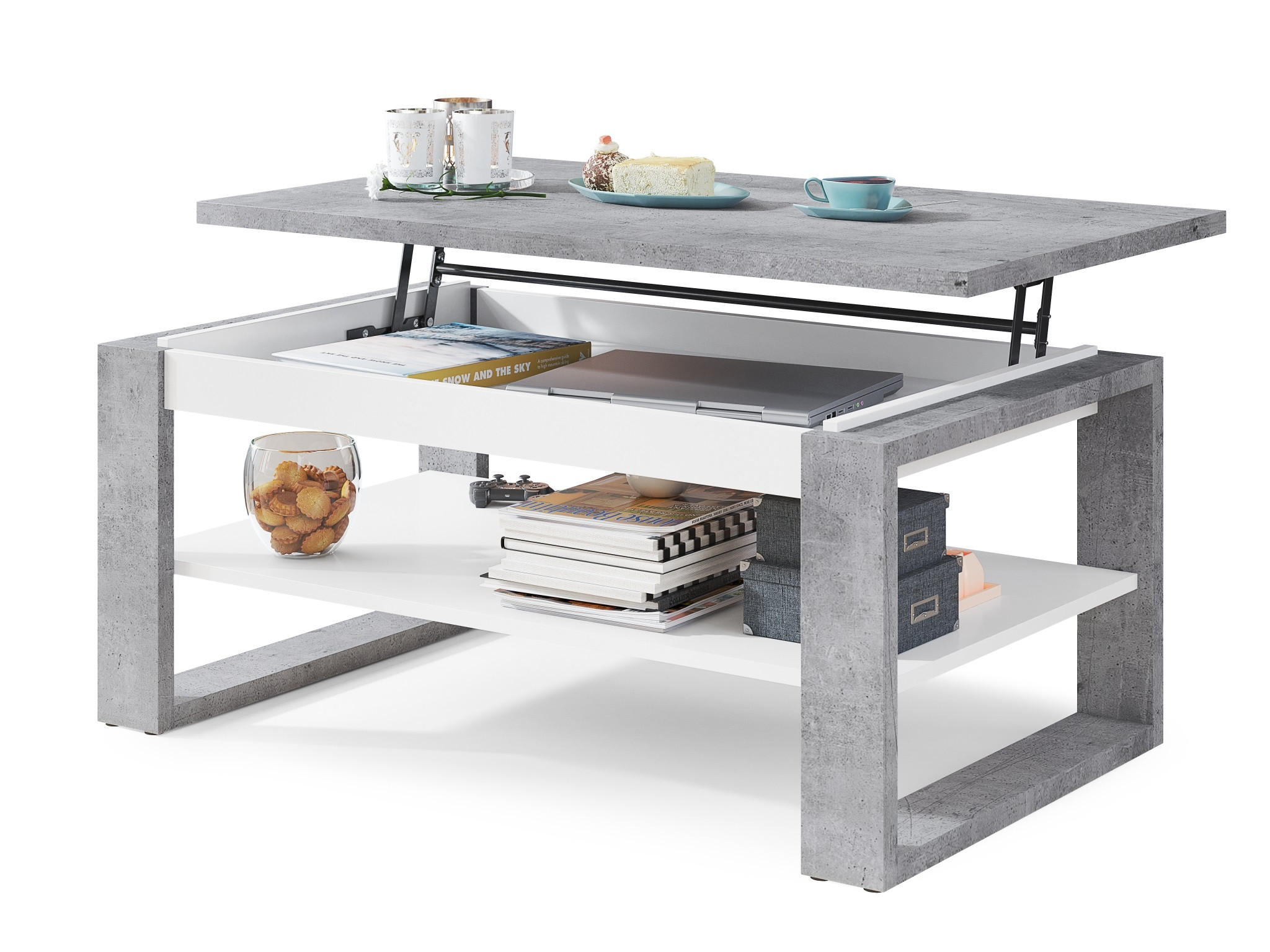 COUCHTISCH rechteckig Beton Weiß aufklappbar 110/65/50 cm - Hellgrau, Holzwerkstoff (65/110/50cm) - designimpex