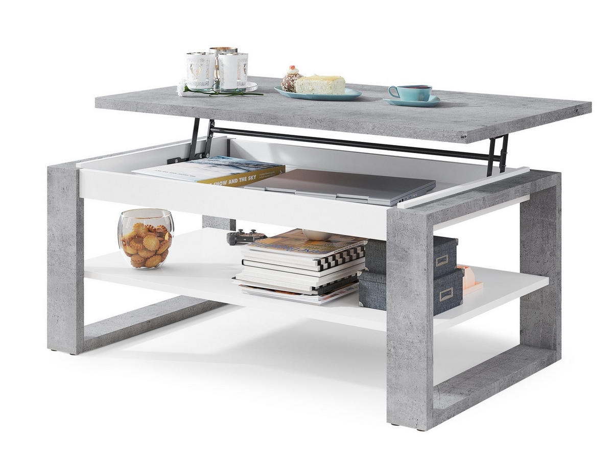 COUCHTISCH rechteckig Beton Weiß aufklappbar 110/65/50 cm - Hellgrau, Holzwerkstoff (65/110/50cm) - designimpex