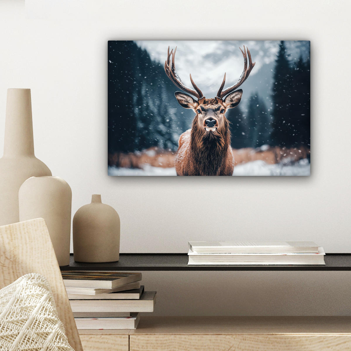 LEINWANDBILD Hirsche - Tiere - Landschaft - Winter - Schnee 30x20 cm - Kastanienfarben, Textil (30/20cm) - MuchoWow