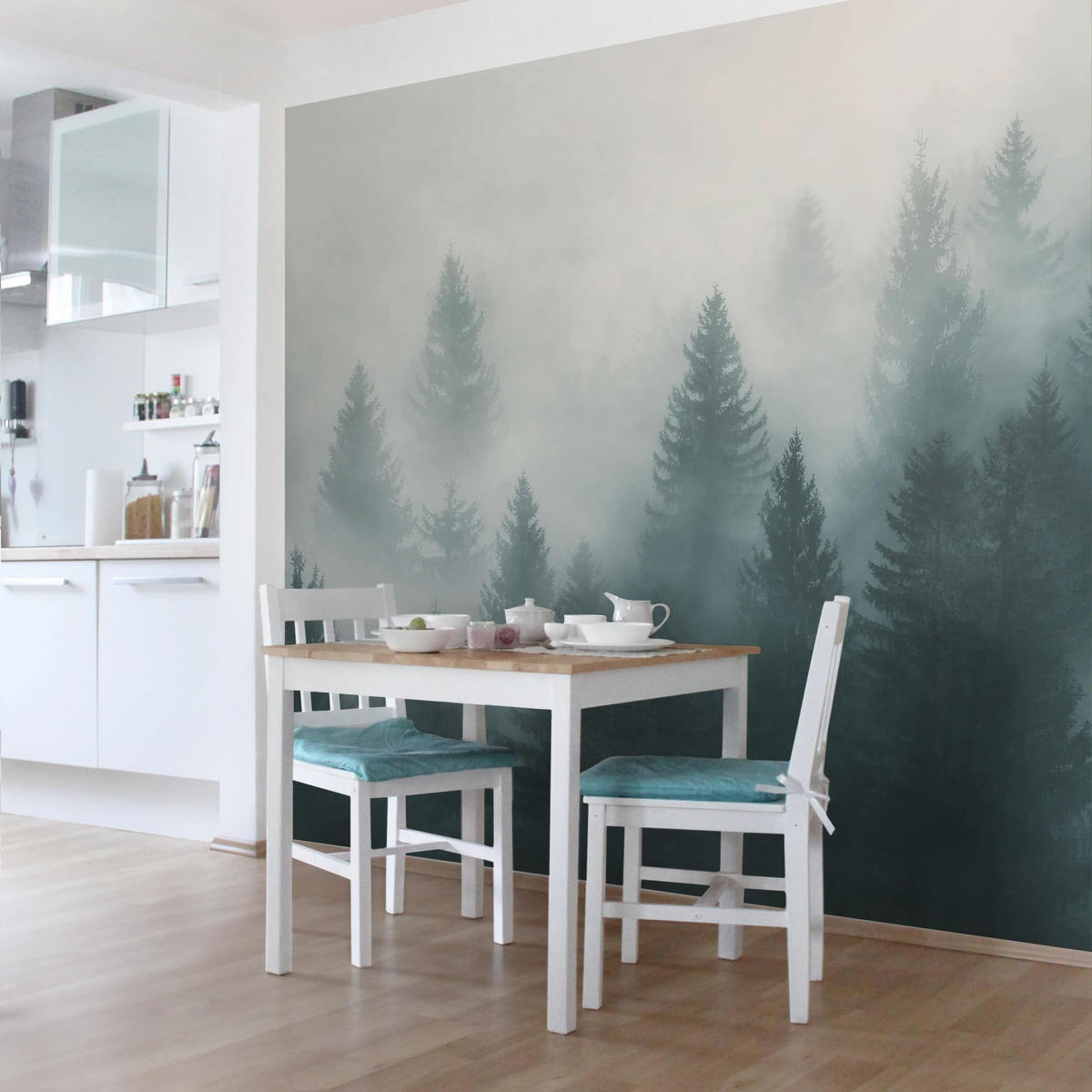 FOTOTAPETE Nadelwald im Nebel 288/288 cm - Eichefarben, Papier (288/288cm) - Bilderwelten