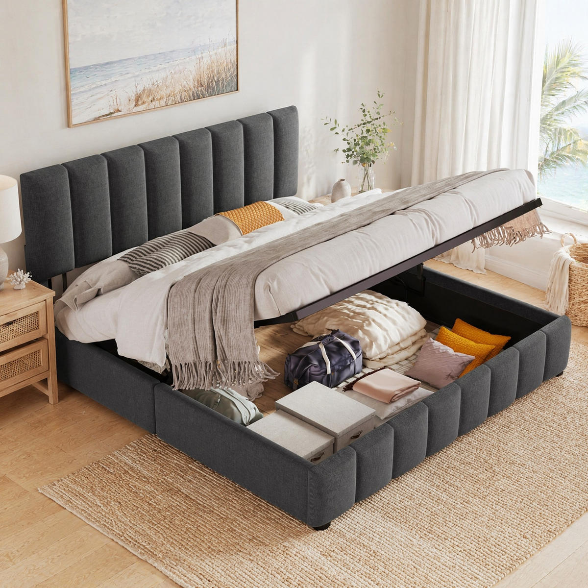 POLSTERBETT 140/200 mit Bettkasten und verstellbarem Kopfteil in Grau - Grau, Holzwerkstoff/Textil (140/200cm) - EVRYAE