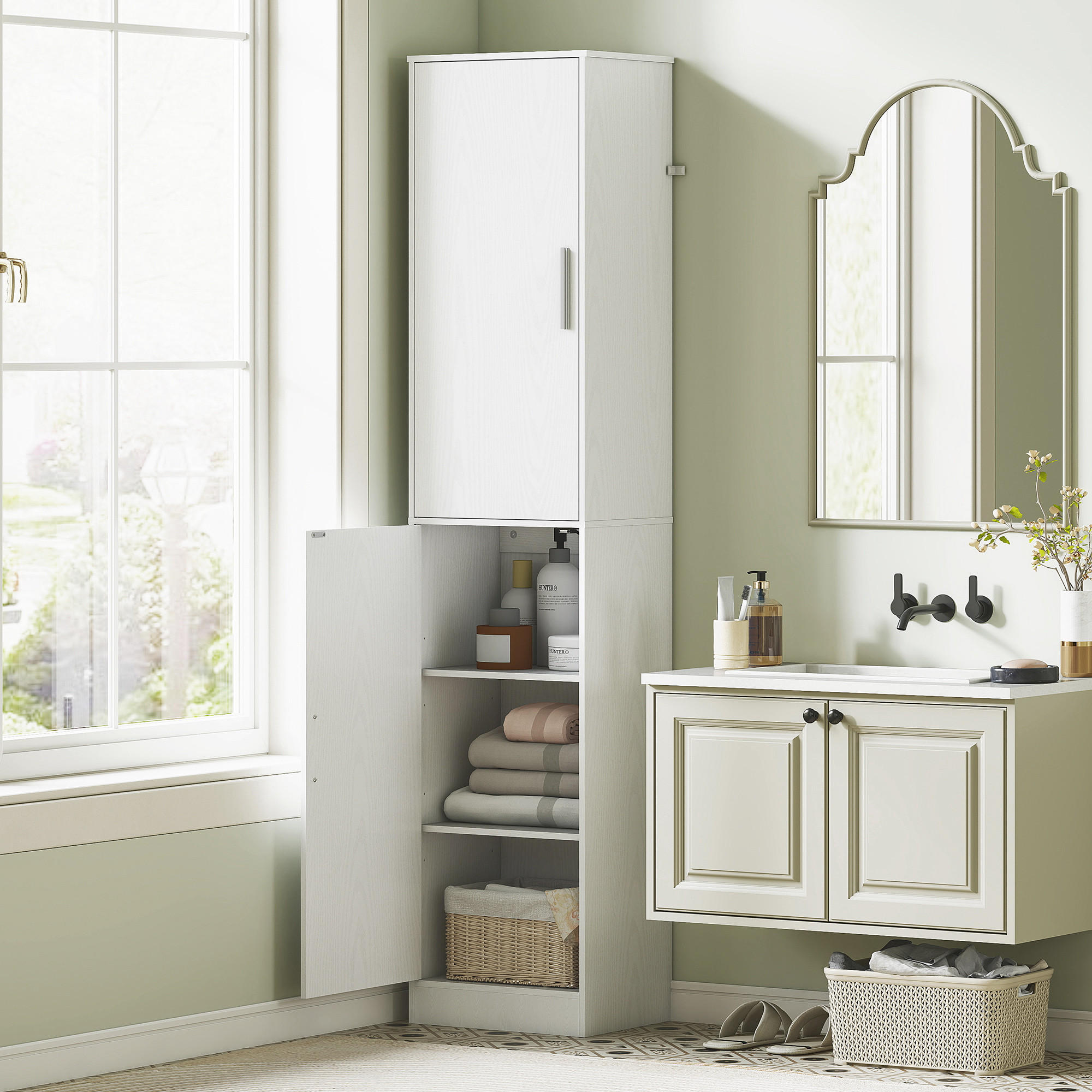 BADEZIMMERSCHRANK Badschrank Hochschrank schmal mit 2 Türen Verstellbare Regale - Weiß, Karton (35/180/40cm) - HOMCOM